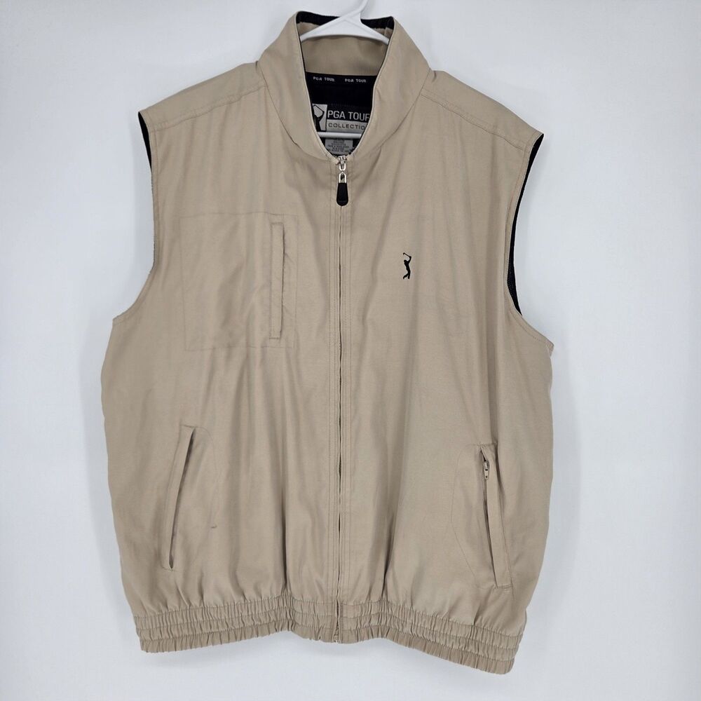 Vintage Y2K PGA Tour Collection Mens XL Full Zip Golf Vest Tan Pockets